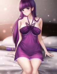 1girl babydoll bed bed_sheet blunt_bangs blush breasts closed_mouth commentary english_commentary fern_(sousou_no_frieren) gigamessy highres indoors large_breasts legs long_hair looking_at_viewer on_bed pillow purple_babydoll purple_eyes purple_hair sitting sousou_no_frieren thighs