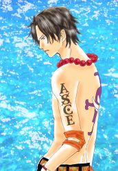 1boy aya freckles jewelry jolly_roger male_focus necklace one_piece pirate portgas_d._ace solo tattoo topless_male water