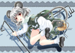 Rule 34 | 1girl, animal ears, basket, bloomers, capelet, dowsing rod, dress, female focus, komiru, mouse (animal), mouse ears, mouse tail, nazrin, red eyes, short hair, silver hair, smile, solo, tail, touhou, underwear
