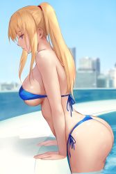 Rule 34 | 1girl, absurdres, arm support, ass, blonde hair, blue eyes, blue one-piece swimsuit, blue sky, blurry, blurry background, breasts, building, chihunhentai, cityscape, day, expressionless, from side, highres, large breasts, leaning forward, long hair, looking afar, metroid, nintendo, one-piece swimsuit, partially submerged, ponytail, samus aran, sidelocks, sky, solo, swimsuit, water