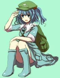 Rule 34 | 1girl, backpack, bad id, bad pixiv id, bag, blue eyes, blue hair, blush stickers, boots, female focus, hair bobbles, hair ornament, hat, kawashiro nitori, key, matching hair/eyes, open mouth, salute, short twintails, sleeves rolled up, solo, touhou, tsukiori, twintails, two side up