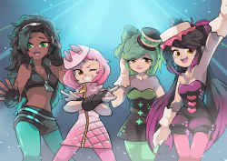 Rule 34 | 4girls, :d, adjusting headphones, aqua legwear, arm at side, arm up, armpits, bare arms, black dress, black gloves, black hair, black headwear, black shorts, breasts, brown eyes, callie (splatoon), cleavage, clenched teeth, crown, dark-skinned female, dark skin, detached collar, dress, earrings, eyes visible through hair, female focus, fingerless gloves, gloves, gomipomi, gradient hair, green eyes, green hair, green legwear, hair rings, hand up, happy, hat, headphones, heart, heart print, humanization, jewelry, legs together, lineup, long hair, looking at viewer, marie (splatoon), marina (splatoon), medium breasts, mole, mole under eye, mole under mouth, multicolored hair, multiple girls, nintendo, no mask, octoling, one eye closed, open mouth, pantyhose, pantyhose under shorts, pearl (splatoon), personification, pink dress, pink hair, pink legwear, pink pupils, purple hair, round teeth, short hair, shorts, simple background, sleeveless, sleeveless dress, smile, splatoon (series), splatoon 1, splatoon 2, standing, strapless, strapless dress, suction cups, swept bangs, teeth, unzipped, upper teeth only, white gloves, wink, yellow eyes, zipper, zipper pull tab