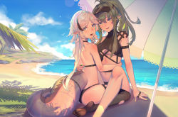 Rule 34 | 2girls, :d, absurdres, ahoge, antenna hair, arknights, arm strap, arm support, bare arms, bare shoulders, beach, beach umbrella, bikini, black bikini, black legwear, blue sky, breasts, chinese commentary, cloud, commentary request, crocodilian tail, day, gavial (arknights), hair between eyes, heiyizhushenxia, highres, large tail, long hair, looking at viewer, medium breasts, multicolored nails, multiple girls, nail art, nail polish, navel, no shoes, ocean, official alternate costume, open mouth, pointy ears, ponytail, shadow, sidelocks, silver hair, sitting, sky, smile, stomach, swimsuit, tail, thighhighs, thighs, tomimi (arknights), umbrella, visor cap, wariza, water, yellow eyes, yuri