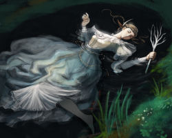Rule 34 | 1girl, barefoot, braid, branch, brown hair, closed eyes, dark souls (series), dark souls i, dress, dusk of oolacille, fine art parody, grass, holding, holding branch, long hair, nukotama, ophelia (painting), outdoors, parody, partially submerged, solo, water, white dress