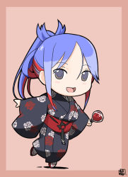 Rule 34 | 1girl, belt, blue hair, border, brown eyes, chibi, commentary request, eyes visible through hair, floral print, food, japanese clothes, kantai collection, kimono, light blush, long hair, long sleeves, looking at viewer, mihama machi, multicolored hair, okobo, open mouth, outstretched arms, pink background, ponytail, red belt, red hair, sandals, shadow, sidelocks, simple background, smile, solo, south dakota (kancolle), standing, standing on one leg, star (symbol), sweets, tabi, yukata