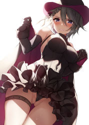 Rule 34 | 1girl, ange (princess principal), black cape, black dress, black gloves, black panties, blue eyes, blush, braid, breasts, cape, dress, dutch angle, elbow gloves, gloves, gluteal fold, grey hair, hands up, hat, holding, holding cape, holding clothes, looking at viewer, medium breasts, panties, princess principal, short hair, simple background, solo, sweat, thigh strap, top hat, underwear, white background, xe (execut3r)