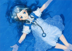Rule 34 | 1girl, black hair, blue eyes, blue theme, dress, from above, long hair, outstretched arms, partially submerged, ribbon, shiina yuu, short dress, short sleeves, skirt, smile, solo, spread arms, submerged, thigh gap, thighs, very long hair, water, wet, wet clothes, white dress, white skirt, wrist ribbon