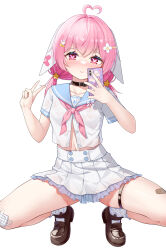 Rule 34 | 1girl, ahoge, animal ears, atsuishio, bandaid, bandaid on ear, bandaid on knee, bandaid on leg, bandaid on thigh, belt collar, black choker, black footwear, blue sailor collar, blush, cellphone, chinese commentary, choker, closed mouth, collar, collarbone, commentary request, crossed bangs, embarrassed, floppy ears, flower, frilled skirt, frills, full body, hair flower, hair ornament, hairclip, hands up, heart, heart-shaped pupils, heart ahoge, high-waist skirt, highres, holding, holding phone, lop rabbit ears, low twintails, mary janes, midriff, navel, neckerchief, nervous, nose blush, official alternate costume, phone, pink eyes, pink hair, pink neckerchief, pleated skirt, providence project, rabbit ear footwear, rabbit ears, rabbit hair ornament, sailor collar, school uniform, selfie, serafuku, shirako (vtuber), shoes, short sleeves, simple background, skirt, smartphone, smartphone case, socks, solo, squatting, star (symbol), star hair ornament, symbol-shaped pupils, taking picture, thigh strap, twintails, unbuttoned, unbuttoned shirt, v, virtual youtuber, white background, white serafuku, white skirt, white socks