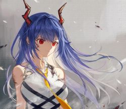 Rule 34 | 1girl, arknights, bad id, bad twitter id, blue hair, breasts, burnt clothes, ch&#039;en (arknights), chinese commentary, commentary, dirty, dirty face, dragon horns, grey background, horns, large breasts, long hair, necktie, red eyes, shirt, sleeveless, sleeveless shirt, solo, spacelongcat, upper body, white shirt, yellow necktie