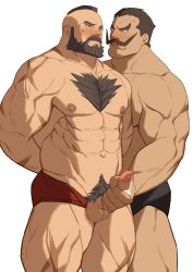 Rule 34 | 2boys, abs, absurdres, arms behind back, bara, beard, black male underwear, blush, briefs, chest hair, couple, dark-skinned male, dark skin, darun mister, erection, facial hair, feet out of frame, handjob, highres, interracial, large pectorals, looking at another, male focus, male pubic hair, male underwear, mature male, mohawk, multiple boys, muscular, muscular male, mustache, navel, nipples, pectorals, penis, precum, pubic hair, red male underwear, ryker, scar, scar on arm, scar on leg, short hair, sideburns, stomach, street fighter, street fighter ex (series), street fighter zero (series), thick thighs, thighs, uncensored, underwear, white background, yaoi, zangief