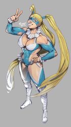 Rule 34 | 1girl, blonde hair, blue leotard, breasts, clothing cutout, collar, domino mask, elbow cutout, frilled collar, frilled cuffs, frills, full body, grey background, hair pulled back, highres, knee pads, leotard, long hair, mask, medium breasts, muscular, muscular arms, rainbow mika, sheep shin, shoulder cutout, simple background, solo, standing, street fighter, street fighter v, v, very long hair, white footwear, wrestler, wrestling mask, wrestling outfit