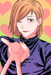 Rule 34 | 1girl, ;q, breasts, brown eyes, brown hair, buttons, commentary request, fingernails, fushirun rung, hand up, heart, heart background, highres, jacket, jujutsu kaisen, korean commentary, kugisaki nobara, long sleeves, medium hair, one eye closed, school uniform, solo, tongue, tongue out, v