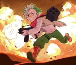 Rule 34 | 1boy, badge, beige jacket, boots, button badge, clenched teeth, commentary request, cross-laced footwear, daimonji ryugon, explosion, facial mark, firing, green footwear, green hair, green nails, gun, gun sling, highres, holding, holding gun, holding weapon, jersey, lace-up boots, long sleeves, m202 flash, male focus, multicolored hair, multiple-barrel firearm, multishot rocket launcher, nail polish, red eyes, red scarf, rocket launcher, running, scarf, shell casing, shirt, sleeveless, sleeveless jacket, solo, star (symbol), sweat, teeth, toromera, two-tone hair, virtual youtuber, voms, weapon, weapon on back, weapon request, white footwear, white hair, white shirt