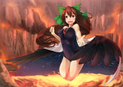 Rule 34 | 1girl, black wings, brown hair, cape, covered navel, hair ribbon, highres, kanzen bouon, long hair, looking at viewer, lava, one-piece swimsuit, open mouth, red eyes, reiuji utsuho, ribbon, smile, solo, swimsuit, third eye, touhou, wading, wings
