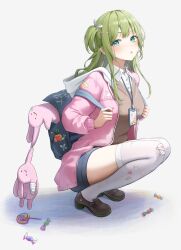Rule 34 | &gt;3&lt;, &gt; &lt;, 1girl, :3, backpack, bag, bandage on knee, bandaged arm, bandages, bandaid, bandaid on face, blush, breasts, brown footwear, brown sweater vest, buttons, candy, carrot, coat, collared shirt, commentary, dress shirt, food, green eyes, green hair, hair ornament, highres, holding strap, hood, hoodie, id card, light particles, long hair, looking at viewer, manil ouo, mary janes, medium breasts, open bag, original, parted lips, pink coat, rabbit, rabbit ornament, shadow, shirt, shoes, simple background, solo, squatting, stuffed animal, stuffed carrot, stuffed rabbit, stuffed toy, sweater vest, symbol-only commentary, thighhighs, two side up, white background, white hood, white shirt, white thighhighs, x hair ornament