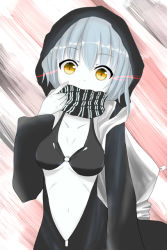 Rule 34 | 10s, 1girl, abyssal ship, bag, glowing, glowing eyes, hood, jacket, kantai collection, pointing, pointing at self, re-class battleship, short hair, silver hair, solo, tail, yellow eyes, ziii (arael box)