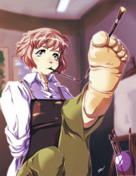 Rule 34 | 10s, 1girl, amputee, barefoot, easel, feet, foot focus, holding with feet, green eyes, katawa shoujo, painting (action), pants, red hair, scamwich, school uniform, smock, soles, solo, tezuka rin, toes