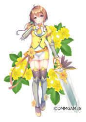 Rule 34 | 1girl, ahoge, armor, ascot, black thighhighs, blush, breasts, brown hair, character request, closed mouth, commentary request, copyright notice, dress, flower, flower knight girl, full body, garter straps, greaves, hair between eyes, holding, holding sword, holding weapon, jacket, layered sleeves, long hair, long sleeves, low ponytail, medium breasts, name connection, object namesake, official art, ponytail, puffy short sleeves, puffy sleeves, purple eyes, shoes, short over long sleeves, short sleeves, simple background, smile, solo, standing, sword, thighhighs, usashiro mani, vambraces, watermark, weapon, white background, white dress, yellow ascot, yellow flower, yellow footwear, yellow jacket