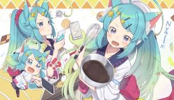 Rule 34 | !?, 1girl, @ @, ahoge, apron, black pantyhose, blue eyes, blue hair, bowl, cellphone, checkerboard cookie, closed mouth, commentary request, cookie, fang, food, gradient hair, green hair, hair ornament, hairclip, highres, holding, holding bowl, holding phone, lanmewko, mixing bowl, multicolored hair, multiple views, open mouth, original, pantyhose, phone, squiggle, swept bangs, totatokeke, tray, tripping, wavy mouth, whisk, white apron