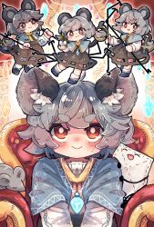 Rule 34 | 1girl, ^ ^, animal ear fluff, animal ears, armchair, ascot, basket, bishamonten&#039;s pagoda, blue capelet, blue footwear, blush, capelet, chair, chibi, chibi inset, closed eyes, closed mouth, collared capelet, curtains, dowsing rod, dress, envelope, grey dress, grey hair, hands on another&#039;s shoulders, hands on lap, highres, holding, indoors, jewelry, light blush, looking at viewer, mame komari, mouse (animal), mouse ears, mouse tail, nazrin, nervous smile, nose blush, open mouth, pendant, red eyes, shirt, shoes, short hair, sleeveless, sleeveless dress, smile, socks, sweatdrop, tail, touhou, v-shaped eyebrows, white shirt, white socks, yellow ascot, yellow collar