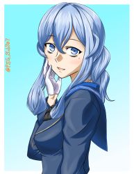 Rule 34 | 1girl, akito (sub707), black neckwear, blue background, blue eyes, blue hair, blue sailor collar, blush, border, from side, gloves, gotland (kancolle), gradient background, hair between eyes, half gloves, hand on own cheek, hand on own face, hand up, highres, kantai collection, long hair, long sleeves, looking at viewer, looking to the side, military, military uniform, mole, mole under eye, outside border, sailor collar, solo, twitter username, uniform, upper body, white border, white gloves