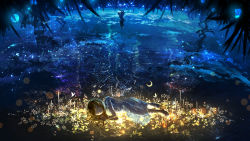 Rule 34 | 1girl, bad id, bad pixiv id, black hair, closed eyes, closed mouth, cloud, commentary request, dreaming, dress, feet, fireworks, flower, full body, grass, highres, long hair, lying, lying on water, moon, night, night sky, on side, original, poniila1234, reflection, reflective water, scenery, sky, sleeping, star (sky), starry sky, toes, water, white dress