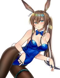 Rule 34 | 1girl, alternate costume, amiya (arknights), animal ears, arknights, artist name, bad id, bad pixiv id, bare arms, bare shoulders, black pantyhose, blue bow, blue bowtie, blue eyes, blue leotard, blush, bow, bowtie, breasts, brown hair, cleavage, commentary request, cowboy shot, detached collar, fake animal ears, goyain, hair between eyes, jewelry, large breasts, leotard, long hair, looking at viewer, pantyhose, parted lips, playboy bunny, ponytail, rabbit ears, rabbit tail, ring, sidelocks, signature, simple background, solo, strapless, strapless leotard, tail, thighlet, thighs, white background, wrist cuffs