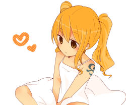 Rule 34 | 1girl, aged down, blush, child, dress, heart, indian style, matching hair/eyes, nami (one piece), one piece, one piece film: z, orange eyes, orange hair, sitting, solo, tattoo, twintails, white dress