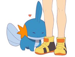 Rule 34 | 1girl, closed eyes, closed mouth, commentary request, creatures (company), cuddling, game freak, gen 3 pokemon, head out of frame, heart, jaho, knees, legs, lower body, may (pokemon), mudkip, multicolored footwear, nintendo, orange footwear, pokemon, pokemon (creature), pokemon oras, shoes, simple background, standing, white background, yellow footwear