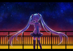 Rule 34 | 1girl, asato727, blue hair, closed eyes, hand on own chest, hatsune miku, letterboxed, long hair, necktie, open mouth, skirt, sky, solo, star (sky), starry sky, thighhighs, twintails, very long hair, vocaloid