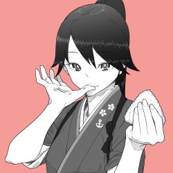 Rule 34 | 10s, 1girl, absurdres, anchor print, cherry blossoms, commentary request, food, hand up, highres, holding, holding food, houshou (kancolle), japanese clothes, kantai collection, looking at viewer, monochrome, onigiri, ponytail, rice, simple background, solo, tasuki, thumb to mouth, tocky