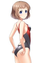 Rule 34 | 1girl, ass, black one-piece swimsuit, blue eyes, breasts, brown hair, competition swimsuit, cowboy shot, frilled square (idolmaster), from behind, from side, idolmaster, idolmaster cinderella girls, kudo shinobu, looking at viewer, one-piece swimsuit, pataneet, short hair, simple background, small breasts, solo, standing, swimsuit, white background