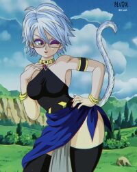 Rule 34 | 1girl, 2022, armband, black thighhighs, blue skirt, blue sky, blujul, borrowed character, bracelet, breasts, cliff, cloud, commentary, contrapposto, dated, english commentary, eyeshadow, glasses, grass, grey eyes, halterneck, highres, jewelry, lipstick, makeup, medium breasts, mole, mole under eye, monkey tail, one eye closed, original, purple eyeshadow, red lips, red nails, ring, short hair, signature, skirt, sky, solo, tail, thighhighs, tree, white hair