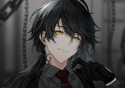 Rule 34 | 1boy, absurdres, black hair, chain, closed mouth, collared shirt, earrings, grey shirt, highres, jewelry, long hair, looking at viewer, low ponytail, makura wet, male focus, neck tattoo, necktie, original, portrait, red necktie, shirt, side ponytail, smile, solo, tattoo, yellow eyes