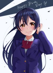 Rule 34 | 1girl, arm up, blazer, blue hair, bow, bowtie, commentary request, hair between eyes, hand in own hair, happy birthday, highres, igarashi kyouhei, jacket, long hair, long sleeves, looking at viewer, love live!, love live! school idol project, otonokizaka school uniform, red bow, red bowtie, school uniform, simple background, smile, solo, sonoda umi, striped bow, striped bowtie, striped clothes, striped neckwear, upper body, yellow eyes