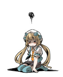 Rule 34 | 10s, 1girl, blonde hair, blush, futaba anzu, hat, idolmaster, idolmaster cinderella girls, jewelry, kubocha, long hair, necklace, necktie, seiza, simple background, sitting, solo, squiggle, thighhighs, twintails, very long hair, white background
