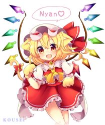 Rule 34 | 1girl, :d, absurdres, animal ear fluff, animal ears, animal hands, ascot, bell, blonde hair, cat ears, cat tail, choker, claws, commentary request, crystal, dress, english text, fang, flandre scarlet, frilled shirt collar, frilled skirt, frills, gloves, hair between eyes, hat, highres, jingle bell, kemonomimi mode, looking at viewer, mob cap, multicolored wings, one side up, open mouth, paw gloves, puffy short sleeves, puffy sleeves, red choker, red dress, red eyes, red ribbon, red skirt, red vest, ribbon, ruhika, short sleeves, side ponytail, simple background, skirt, smile, solo, speech bubble, tail, tail ornament, tail ribbon, tongue, touhou, vest, white background, wings