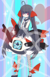 Rule 34 | 10s, 1girl, ahoge, ankle cuffs, black hair, choker, detached sleeves, dress, h.n.elly (kirsten), heart, kami9998, long hair, mahou shoujo madoka magica, mahou shoujo madoka magica (anime), personification, red eyes, solo, sparkle, television, twintails, very long hair
