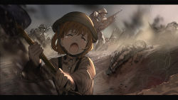 Rule 34 | 1girl, 6+boys, brown hair, brown shirt, closed eyes, cloud, cloudy sky, collared shirt, commentary request, dress shirt, gun, hagiwara yukiho, helmet, highres, holding, holding gun, holding shovel, holding weapon, idolmaster, idolmaster (classic), letterboxed, long sleeves, multiple boys, open mouth, outdoors, shirt, shovel, sky, solo focus, suzuki puramo, teardrop, two-handed, upper body, weapon