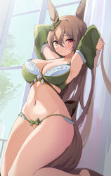 Rule 34 | 1girl, absurdres, adapted costume, animal ears, armpits, arms behind head, arms up, bare shoulders, barefoot, bikini, bow, breasts, brown hair, cleavage, closed mouth, detached sleeves, frilled bikini, frills, gem, green bikini, green bow, hair ornament, halterneck, hido (cherryhido), highres, horse ears, horse girl, horse tail, kneeling, large breasts, long hair, long sleeves, looking at viewer, navel, red eyes, satono diamond (umamusume), solo, stomach, string bikini, swimsuit, tail, thighs, umamusume, very long hair