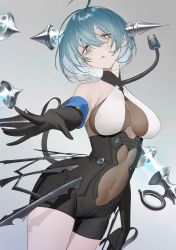 Rule 34 | 1girl, ahoge, aqua hair, bare shoulders, black gloves, black shorts, bodystocking, breasts, cable, cable tail, commentary, covered navel, cowboy shot, elbow gloves, frankenstein (masterwork apocalypse), gloves, gradient background, grey background, hair between eyes, halterneck, high-waist shorts, highres, kaoruko (unkrk55), large breasts, looking at viewer, masterwork apocalypse, mechanical tail, parted lips, shorts, solo, tail, yellow eyes