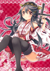 Rule 34 | 10s, 1girl, bad id, bad pixiv id, bare shoulders, black hair, blush, breasts, brown eyes, brown hair, detached sleeves, hairband, haruna (kancolle), japanese clothes, kantai collection, long hair, nontraditional miko, personification, shizuki aya, skirt, smile, solo, thighhighs