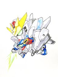 Rule 34 | after war gundam x, beam saber, chibi, chikichikibanban, from side, green eyes, gundam, gundam x, highres, holding, holding shield, holding sword, holding weapon, looking ahead, mecha, no humans, robot, science fiction, shield, solo, sword, v-fin, weapon, white background