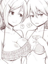 Rule 34 | 10s, 2girls, ?, anger vein, angry, bikini, bikini top only, blush, breast envy, breasts, bursting breasts, cleavage, female focus, frilled bikini, frills, greyscale, highres, houshou (kancolle), jewelry, kantai collection, large breasts, mamiya (kancolle), medium breasts, monochrome, multiple girls, parted lips, ring, smile, spoken anger vein, spoken question mark, sweatdrop, swimsuit, takayama chihiro, white background