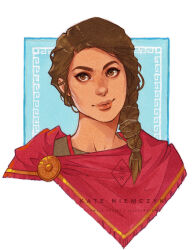 1girl artist_name assassin&#039;s_creed:_odyssey assassin&#039;s_creed_(series) braid brown_eyes brown_hair capelet commentary dark-skinned_female dark_skin hair_over_one_eye highres kasia_nie kassandra_of_sparta parted_lips portrait red_capelet single_braid smile solo watermark