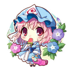 Rule 34 | 1girl, belt, black footwear, blue background, blue belt, blue bow, blue bowtie, blue dress, blue flower, blue hat, blue kimono, blush, bow, bowtie, chibi, collared dress, dress, eating, flower, food, footwear bow, frilled kimono, frills, fruit, full body, hair between eyes, hand fan, hand up, hat, ice cream, japanese clothes, juliet sleeves, kapuchii, kimono, leaf, long sleeves, looking at viewer, mob cap, multicolored background, open mouth, outside border, pink eyes, pink flower, pink hair, popsicle, puffy sleeves, purple flower, round image, saigyouji yuyuko, shoes, short hair, socks, solo, standing, touhou, triangular headpiece, watermelon, watermelon bar, white background, white socks, wide sleeves, yellow background