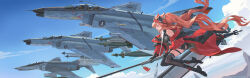 Rule 34 | 1girl, 6+others, absurdres, aircraft, airplane, angelina (arknights), angelina (distinguished visitor) (arknights), animal ears, arknights, bare shoulders, black bodysuit, black footwear, black thighhighs, blue sky, bodysuit, breasts, brown hair, f-4 phantom ii, fighter jet, floating hair, flying, fox ears, hairband, highres, jacket, jet, medium breasts, military vehicle, missile, multiple others, open clothes, open jacket, orange eyes, outdoors, red hairband, red jacket, rhodes island logo (arknights), sima naoteng, sky, solo, thighhighs