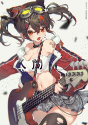 Rule 34 | 1girl, absurdres, bandaid, bandaid on shoulder, bandeau, bare shoulders, black choker, black hair, black thighhighs, breasts, camisole, character request, choker, cleavage, clothes writing, copyright request, electric guitar, goggles, goggles on head, grey background, grey skirt, guitar, hair between eyes, hair ornament, hairclip, highres, holding, holding instrument, instrument, jacket, long hair, long sleeves, looking at viewer, miniskirt, moriyama meiko, nail polish, off shoulder, open clothes, open jacket, open mouth, plaid, plaid skirt, pleated skirt, red eyes, red jacket, red nails, skirt, solo, thighhighs, twintails
