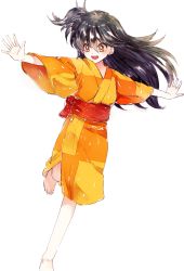 Rule 34 | 1girl, :d, ahma, barefoot, black hair, brown eyes, checkered clothes, checkered kimono, hair between eyes, highres, inuyasha, japanese clothes, kimono, leg lift, long hair, open mouth, outstretched arms, red ribbon, ribbon, rin (inuyasha), running, short sidetail, simple background, smile, solo, spread arms, very long hair, white background, wide sleeves, yukata