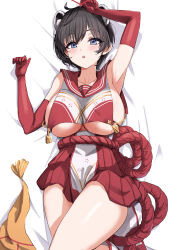 Rule 34 | 1girl, absurdres, animal ears, bed sheet, black hair, blue archive, blush, breasts, elbow gloves, gloves, highres, large breasts, looking at viewer, open mouth, pizzasi, pleated skirt, purple eyes, raccoon ears, red gloves, red sailor collar, red skirt, rope, sailor collar, shimenawa, short hair, skirt, solo, tsubaki (blue archive)